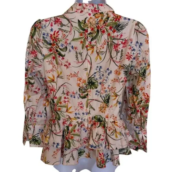Hellessy Fitted Tie Front Floral Blouse with Ruffled Peplum Plunging V Neck s 2 - Picture 10 of 16